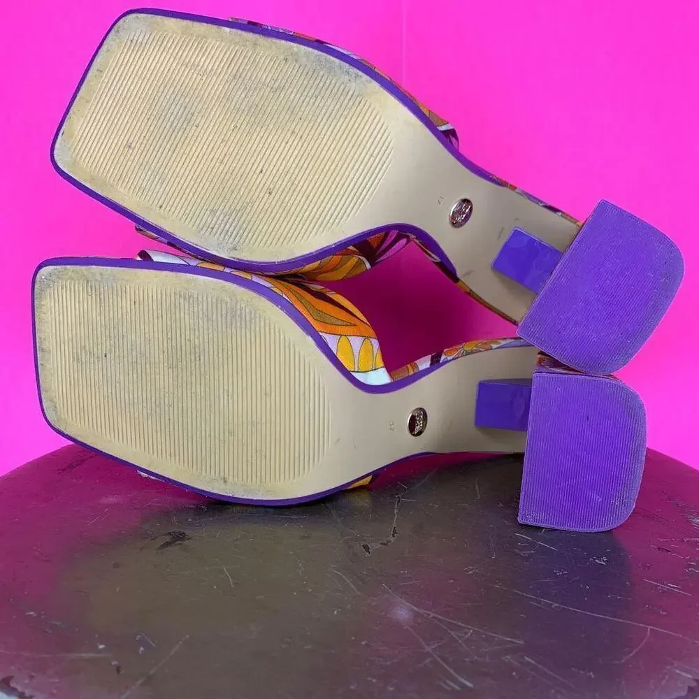 Zara Orange Purple Swirly Retro Print Slip-On Heeled Sandals US 6.5 - Picture 5 of 6